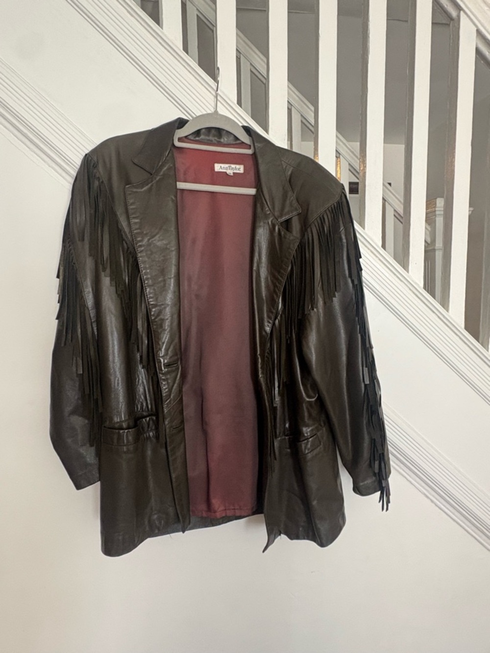Vintage olive Leather Fringe Jacket with Burgundy Lining